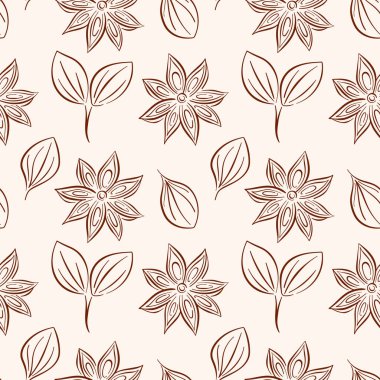 Bej arka planda tarçın yapraklı kusursuz yıldız anason deseni. Baharat mağazası paketi, mutfak duvarı kağıdı veya doğal yemek teması tasarımı için mükemmel