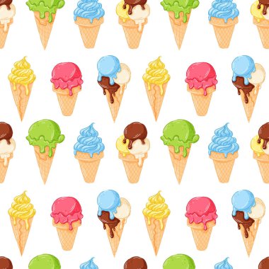 Çizgi film tarzında gözlemesiz renkli dondurma külahı. Yaz yemeği tasarımı, ambalaj, kumaş baskısı ve tatlı temalı dekorasyon için mükemmel.