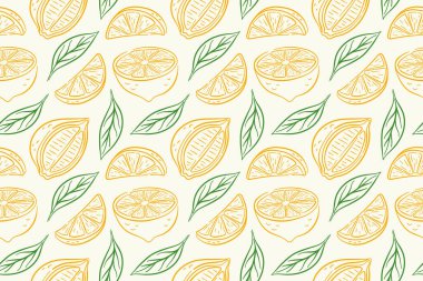 Sarı limon dilimli kusursuz desen, yarım ve yeşil yaprak beyaz arka planda sanat tarzında. Yaz duvar kağıdı, kumaş veya mutfak duvar kağıdı için taze meyve tasarımı