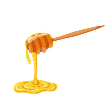 Beyaz arka planda izole edilmiş karikatür tarzında kalın altın bal damlayan ahşap ballı Dipper. Tatlı tasarım ve geleneksel tatil konsepti için mükemmel yemek temaları