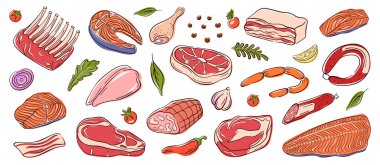 Et ve somon balığı koleksiyonu. Biftek, sosis, but, pastırma, fileto, sebze, bitki ve baharat. Teslimat paketi, restoran tasarımı ve mutfak teması için mükemmel.