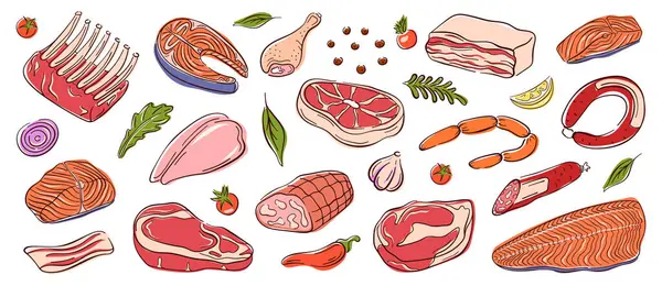 Et ve somon balığı koleksiyonu. Biftek, sosis, but, pastırma, fileto, sebze, bitki ve baharat. Teslimat paketi, restoran tasarımı ve mutfak teması için mükemmel.