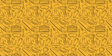 Sarı arka planda, kusursuz el yapımı inşaat malzemeleri ve güvenlik ekipmanları var. Endüstriyel tema, mühendislik projesi ve atölye çizimi için mükemmel