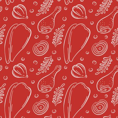 Kırmızı arka planda tavuk budu, soğan, sarımsak ve bitkilerle kusursuz desen. Yemek dağıtım paketi, mutfak duvar kağıdı ya da yemek tarifi tasarımı için ideal