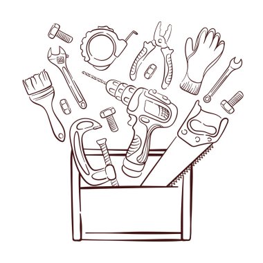 Beyaz arka planda izole edilmiş bir alet kutusunda matkap, testere, kerpeten, ingiliz anahtarı ve çekiç gibi çeşitli tamir araçlarının çizgi sanatı çizimi. İnşaat kartı ve el ilanı tasarımı için mükemmel.