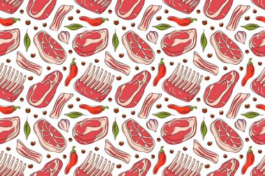 Et kesimi, pastırma, pirzola, biftek, kırmızı biber sarımsağı, soğan ve bitkisel yaprağı beyaz arka planda. Kasap ambalajı, mutfak dekorasyonu, yemek menüsü, ızgara restoranı veya barbekü tasarımı için mükemmel.