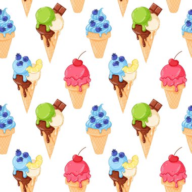 Renkli dondurma külahlarıyla kusursuz desenli beyaz arka planda meyveler ve çikolata kaplı çizgi film tarzında. Tatlı için mükemmel yaz yemeği ve çocuklar için tasarım temaları.