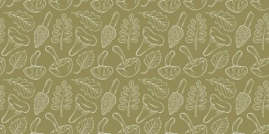 Kusursuz çizgili mantar deseni ve yeşil arka planda sonbahar yaprağı. Mevsimsel dekorasyon ve tekstil için basit botanik orman tasarımı