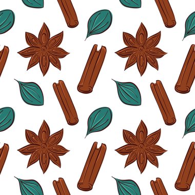Beyaz zemin üzerinde tarçın çubuğu ve yaprağı olan kusursuz yıldız anason deseni. Baharat ambalajı, mutfak tekstili veya doğal gıda teması tasarımı için mükemmel
