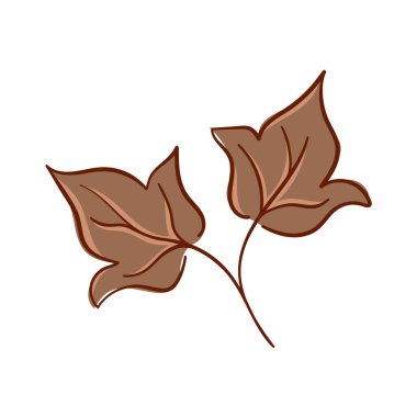 Düz bir dalın üzerindeki iki kahverengi sonbahar yaprağının basit bir çizimi. Sonbahar mevsimsel tasarım ve botanik dekorasyon için mükemmel.