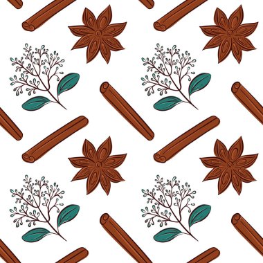 Düz tarçın çubuğu, çiçek dalı ve yıldız anason desenli kusursuz çiçek deseni. Botanik tasarım ambalajı, çarşaf ve dekor için mükemmel.