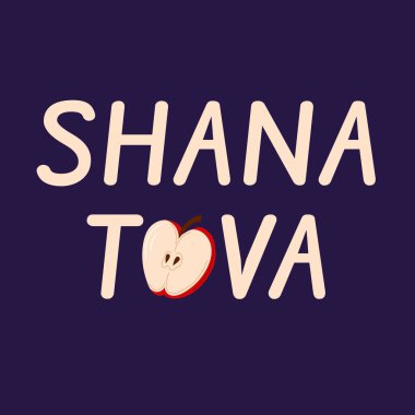 Shana Tova yazılı tebrik kartı ve Rosh Hashanah tatili için arka planda yarım elma meyvesi sembolü.