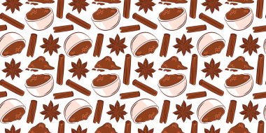 Düz tarçın çubuklu kusursuz desen, yıldız anason, kasede baharat tozu. Paket için mükemmel, mutfak duvar kağıdı, yemek teslimatı ve yemek tarifi tasarımı