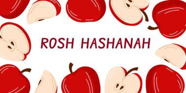 Şenlikli Rosh Hashanah, kırmızı elma ve tohum dizaynı ile Yahudi yeni yıl tatili için düz bir zeminde beyaz bir arkaplan üzerine dizayn edilmiş.