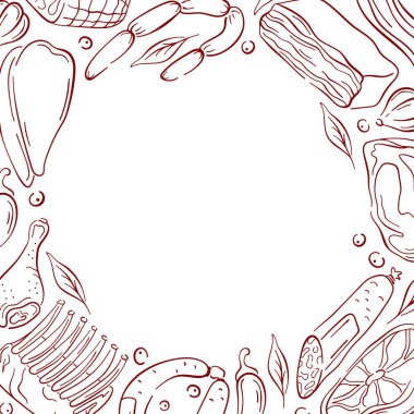 Kasap dükkanı tasarımı için beyaz bir zemin üzerinde çeşitli et kesimleri, sosis, pastırma ve otlar çerçevesi