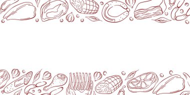 Eti, sosisi, pirzolası, sürüsü, biberi ve sarımsağı ile aynı hizada. Mutfak tasarımı, paket veya kasap restoranı markası için ideal.