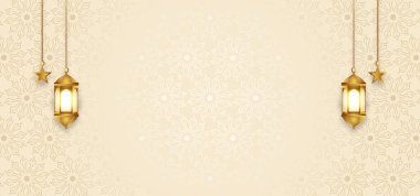 Lüks, zarif ramazan tebrik kartı, podyum ürün sergisi ve 3D altın fener dekorasyonu.