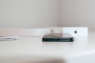 KAUNAS, LITHUANIA - 15 Kasım 2023: Yeni Apple iPhone 15 Pro Max USB-C portunun yakın görüntüsü. iPhone 15 modellerinin bir USB-C konnektörü vardır, çeşitli aygıtlara bağlanmanızı ve şarj etmenizi sağlar