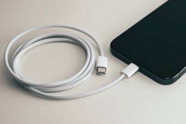 KAUNAS, LITHUANIA - 15 Kasım 2023: USB-C kablo yüklü yeni Apple iPhone 15 Pro Max