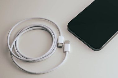 KAUNAS, LITHUANIA - 15 Kasım 2023: USB-C ile yeni Apple iPhone 15 Pro Max şarj ediliyor