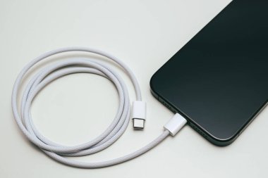 KAUNAS, LITHUANIA - 15 Kasım 2023: USB-C ile yeni Apple iPhone 15 Pro Max şarj ediliyor
