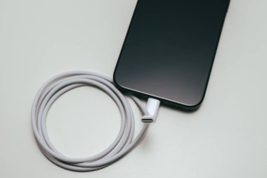 KAUNAS, LITHUANIA - 15 Kasım 2023: USB-C kablo yüklü yeni Apple iPhone 15 Pro Max