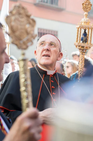 stock image Cardinal Archbishop of Madrid, Carlos Osoro Sierra, led the congregation following the statue of Christ during Palm Sunday, Madrid Spain.