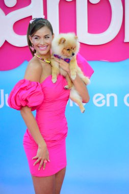 İspanyol manken Desiree Cordero, Gran Teatro Caixabank 'ta serinletici bir bölge olan Madrid İspanya' da düzenlenen pembe halı etkinliğinde Barbie filminin özel galasında.....