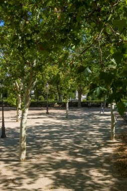 Madrid 'in tarihi merkezinde bulunan Plaza de Oriente Doğu Meydanı' nda batısında Royal Place ve doğusunda Madrid Kraliyet Tiyatrosu bulunan bir kadına bakıyor.. 