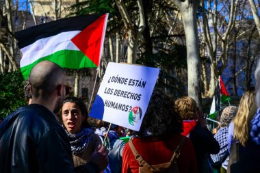 Filistinlileri destekleyen eylemciler ve aktivistler Madrid 'in merkezinde özgür bir Filistinli vardı. Madrid İspanya 17 Şubat 2024