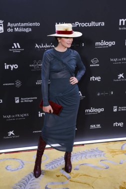  27. Malaga Festivali 'nin 27. De Mlaga Festivali' nde 15 Şubat 2024 'te İspanya Kraliyet Tiyatrosu' nda düzenlenen kırmızı halı fotoğraf çekimi sırasında medyaya poz verdi.  