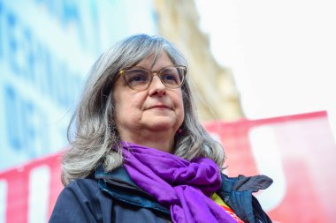 CCOO Madrid Genel Sekreteri Paloma Lopez; sendikalar, CCOO, Comisiones Obreras, İşçi Komisyonları, UGT, Union General de Trabajadores tarafından düzenlenen 1 Mayıs Uluslararası İşçi Bayramı 'nda,