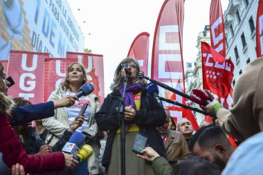 CCOO Madrid Genel Sekreteri Paloma Lopez, sendikalar, CCOO, Comisiones Obreras, İşçi Komisyonu, UGT, Union General de Trabajadores tarafından 1 Mayıs 'ta düzenlenen geleneksel Uluslararası İşçi Bayramı gösterisinde görüldü. 