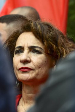 Birinci Başbakan Yardımcısı Maria Jesus Montero, sendikalar, CCOO, Comisiones Obreras, İşçi Komisyonu, UGT, Union General de Trabajadores tarafından 1 Mayıs 'ta düzenlenen geleneksel Uluslararası İşçi Bayramı gösterisinde