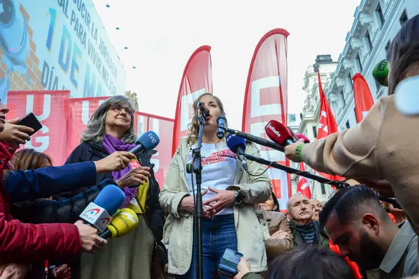 stock image Marina Prieto, UGT Madrid Secretary General seen before the traditional 1st May International Labour Day demonstration organised by the trade unions, CCOO, Comisiones Obreras, Workers Commissions, UGT, Union General de Trabajadores, in the centre of 