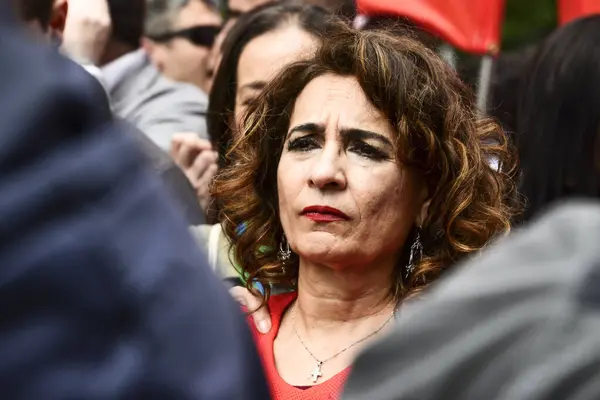 stock image Maria Jesus Montero seen before the traditional 1st May International Labour Day demonstration organised by the trade unions, CCOO, Comisiones Obreras, Workers Commissions, UGT, Union General de Trabajadores, in the centre of Madrid Spain May 1st 202
