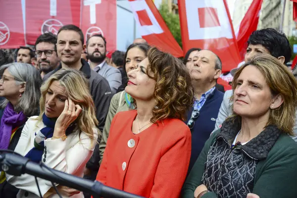 stock image Yolanda Diaz and Maria Jesus Montero seen before the traditional 1st May International Labour Day demonstration organised by the trade unions, CCOO, Comisiones Obreras, Workers Commissions, UGT, Union General de Trabajadores, in the centre of Madrid 
