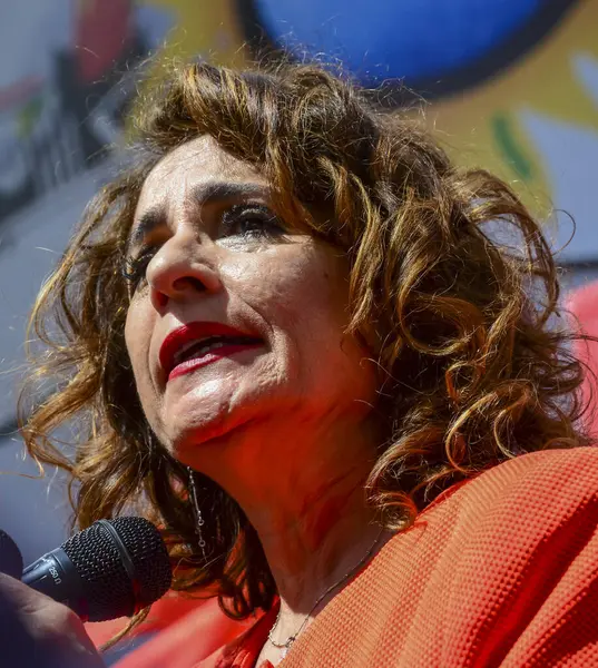 stock image Maria Jesus Montero, first deputy Prime Minister,  seen before the traditional 1st May International Labour Day demonstration organised by the trade unions, CCOO, Comisiones Obreras, Workers Commissions, UGT, Union General de Trabajadores, in the cen