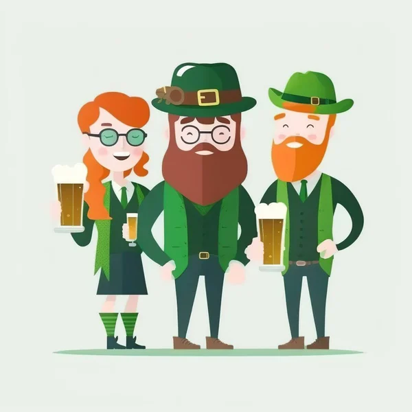 Happy St. Patrick\'s Day illustration. Three-leaved shamrocks, beer mug and hat. Group of Irish people enjoying party.