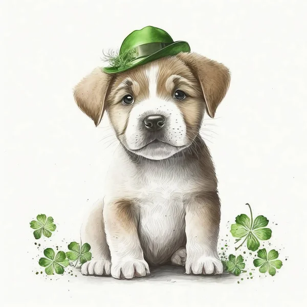 Happy St. Patrick\'s Day illustration. Three-leaved shamrocks, beer mug and hat. puppy in hat.
