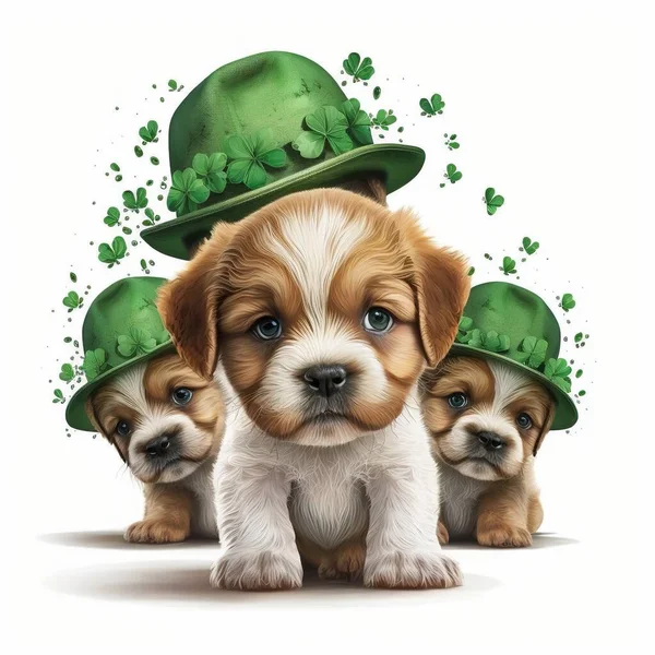 Happy St. Patrick\'s Day illustration. Three-leaved shamrocks, beer mug and hat. puppy in hat.