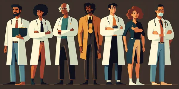 Illustration of a team of doctors of different ethnicity in flat minimal style for Doctors Day