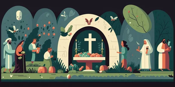Easter Sunday Illustration. Easter vector illustration. Cave. Empty tomb of Jesus. Scripture.