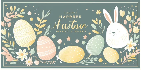 Happy Easter banner. Trendy Easter design with hand painted strokes and dots, cute Easter rabbit, eggs, spring flowers and chickeggs, bunny ears, in pastel colors