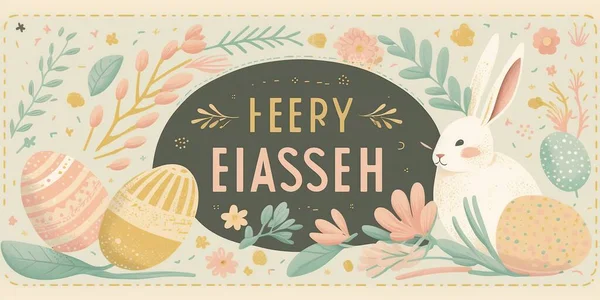 Happy Easter banner. Trendy Easter design with hand painted strokes and dots, cute Easter rabbit, eggs, spring flowers and chickeggs, bunny ears, in pastel colors