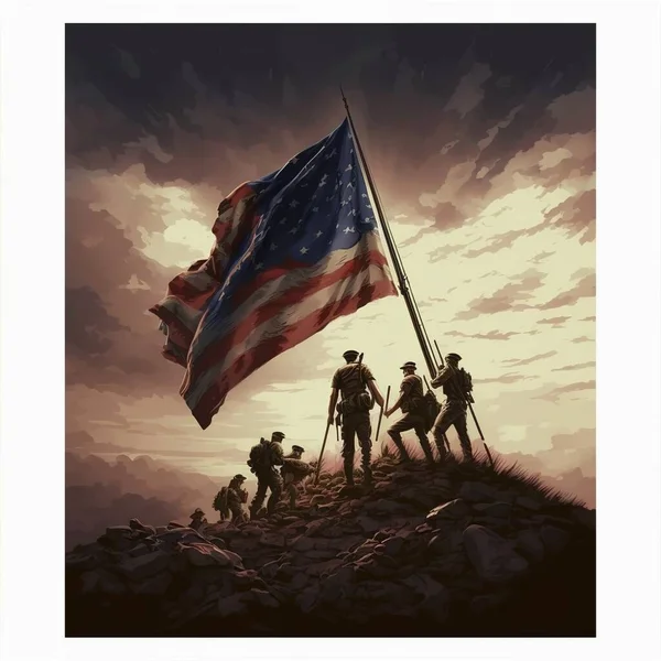 The collection includes a greeting card featuring silhouettes of army soldiers with the USA flag, suitable for Veterans Day, Memorial Day, and Independence Day, as well as a poster illustration of American soldiers.