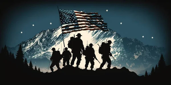 The collection includes a greeting card featuring silhouettes of army soldiers with the USA flag, suitable for Veterans Day, Memorial Day, and Independence Day, as well as a poster illustration of American soldiers.