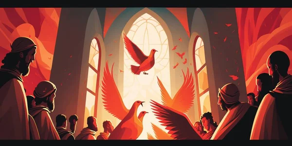 Illustration of Pentecost sunday holy spirit. Biblical Series, Dove, Holy Spirit, and Flame for Pentecost in Pastel Orange Background.