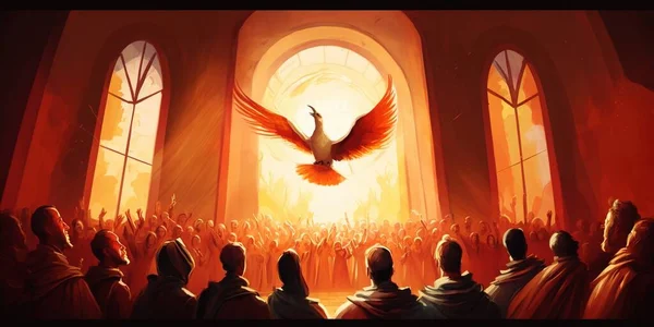 Illustration of Pentecost sunday holy spirit. Biblical Series, Dove, Holy Spirit, and Flame for Pentecost in Pastel Orange Background.