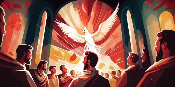 Illustration of Pentecost sunday holy spirit. Biblical Series, Dove, Holy Spirit, and Flame for Pentecost in Pastel Orange Background.